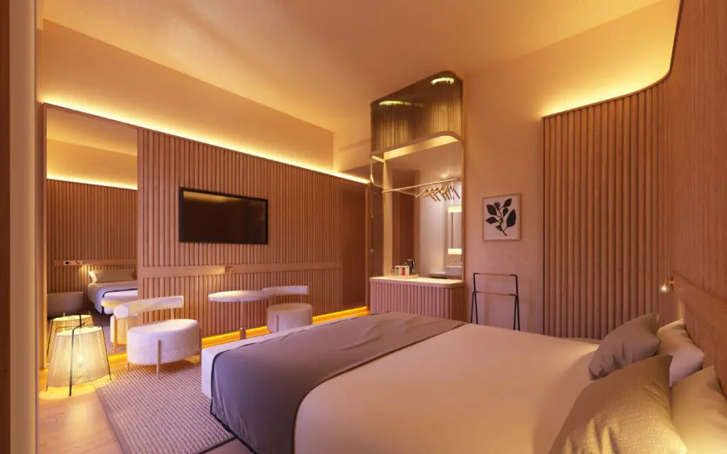 Estudio b76.Propuesta Hab. Doble estándar. Hotel Petit Palace Alfonso XII. Infografía nocturna.