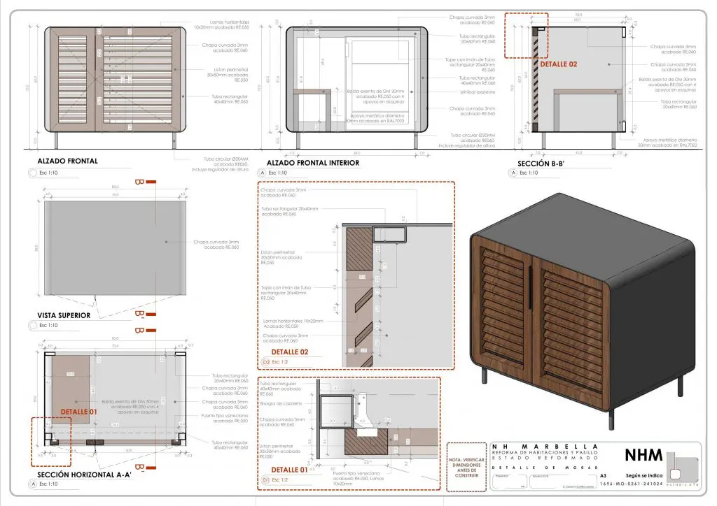 Estudio b76. Plano de Mueble bar. Hotel NH Collection Marbella