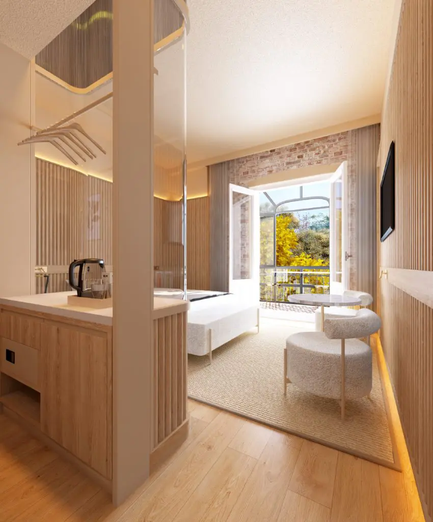 Estudio b76. Propuesta Hab. Doble estándar. Hotel Petit Palace Alfonso XII. Infografía.