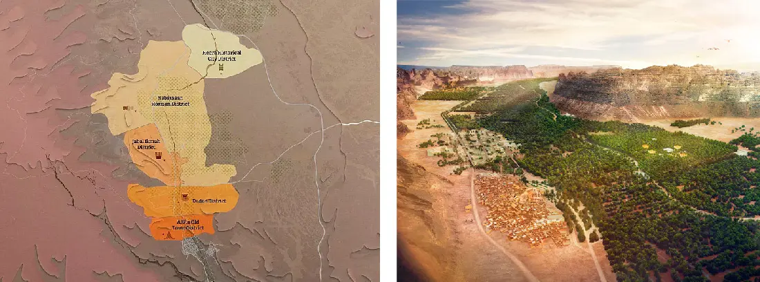 Zonas en las que se divide Al Ula, visitadas por Estudio b76 y vista aérea del oasis. Imágenes: RCU.
