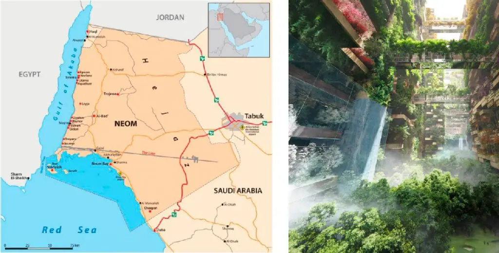 The Line. Ciudad de 170 km de longitud en la región de Neom, al noroeste de Arabia Saudí. Obras actualmente en ejecución, visitadas recientemente por Estudio b76. Imágenes NEOM.