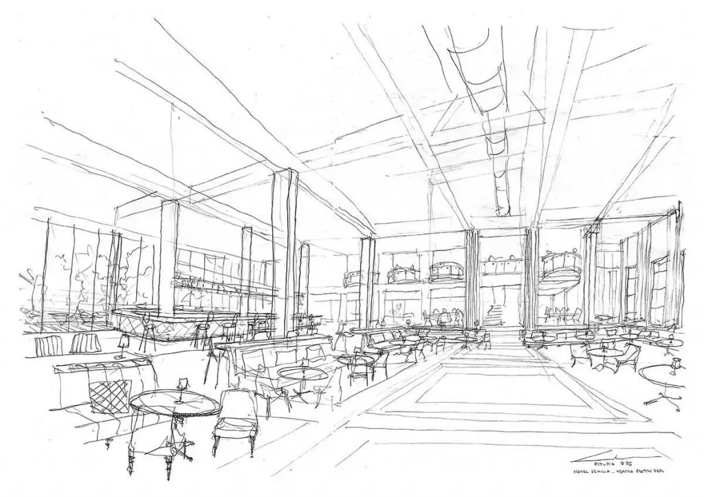 Primer dibujo de proyecto del Gran Salón. Hotel Fénix Sevilla. Proyecto Estudio b76.