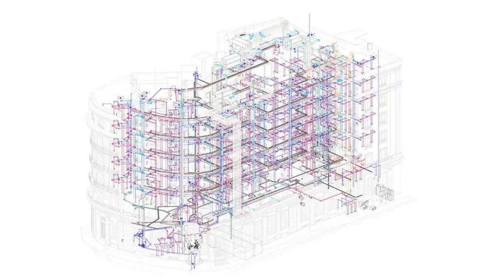 Axonométrica BIM con instalaciones. Hotel Fénix Sevilla. Proyecto Estudio b76 y Valladares Ingeniería.