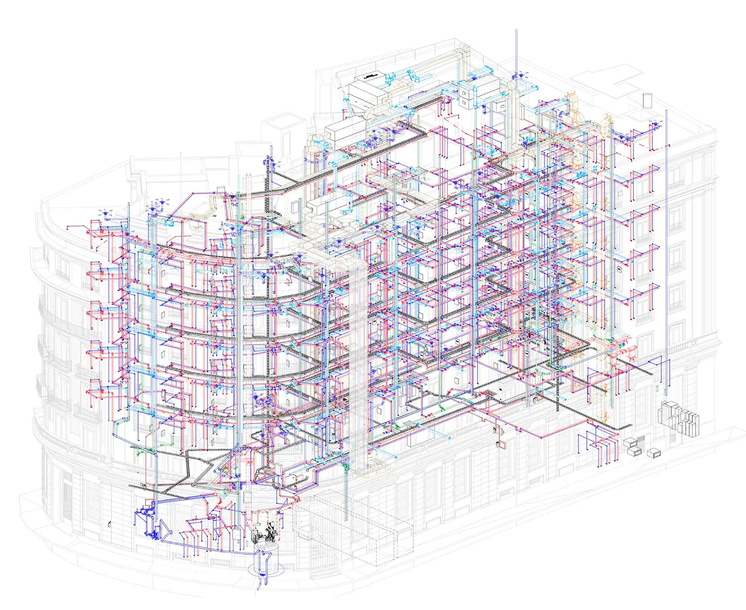 Axonométrica BIM con instalaciones. Hotel Fénix Sevilla. Proyecto Estudio b76 y Valladares Ingeniería.