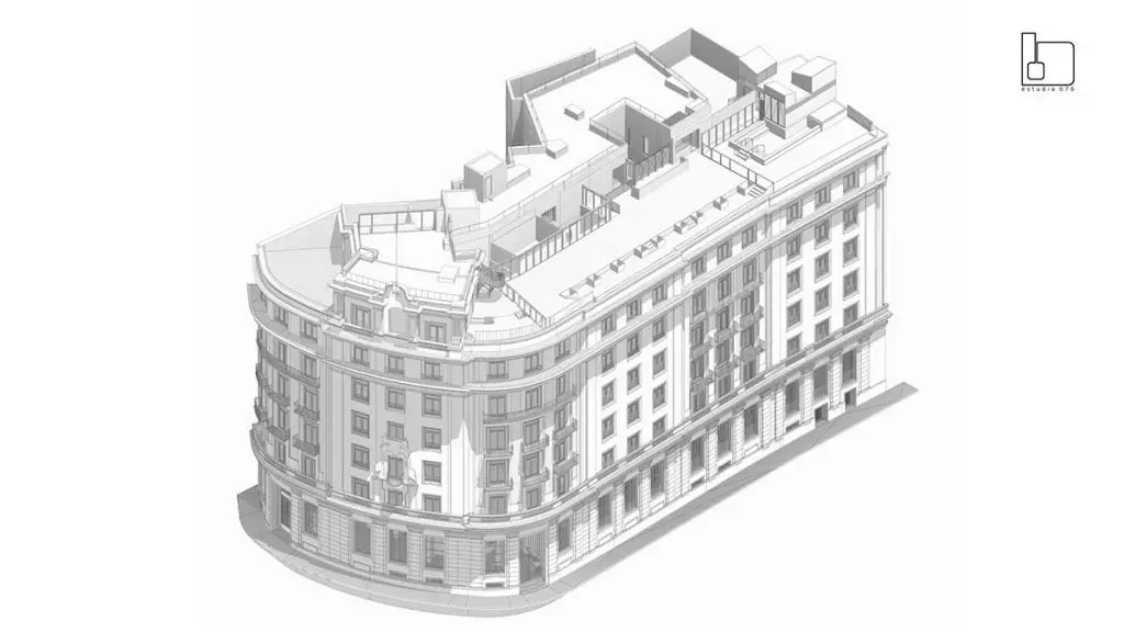 Axonométrica BIM del Hotel Fénix Sevilla. Proyecto Estudio b76.