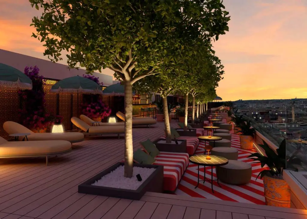 Solárium. Infografía diurna y nocturna. Hotel Fénix Sevilla. Proyecto Estudio b76.