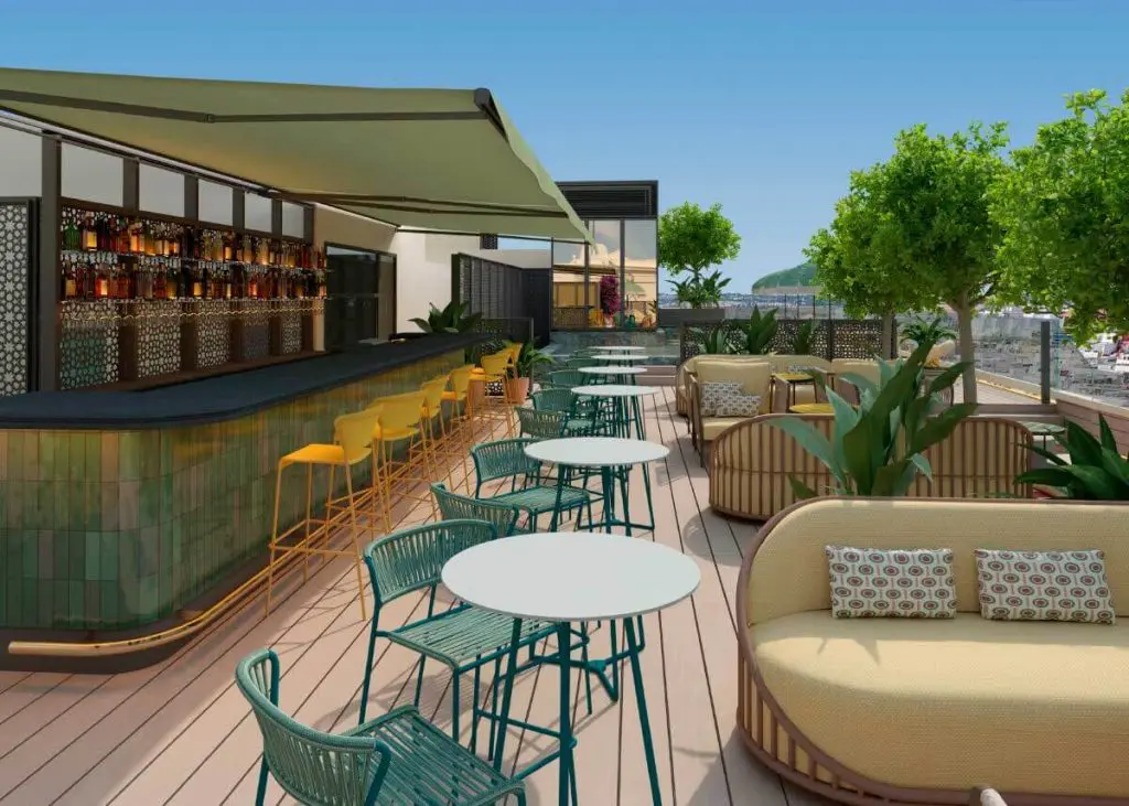 Bar azotea. Infografía diurna y nocturna. Hotel Fénix Sevilla. Proyecto Estudio b76