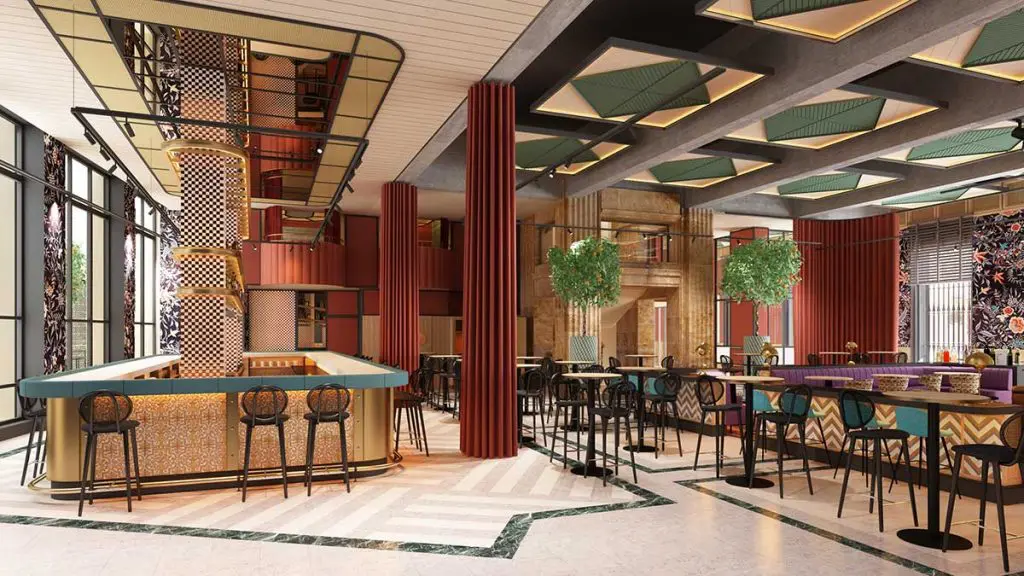 Infografía. Vista barra y salón restaurante. Hotel Fénix Sevilla. Proyecto Estudio b76.