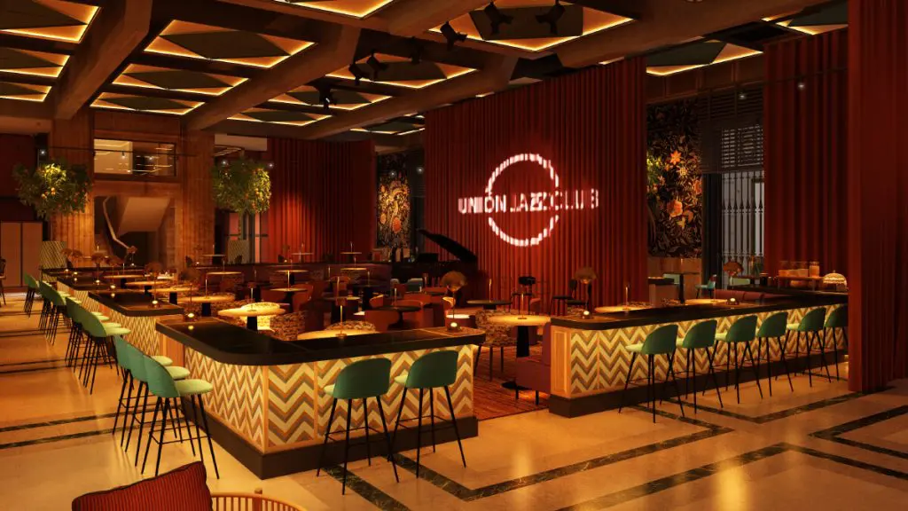 Infografía nocturna del gran salón restaurante y espacio cultural. Hotel Fénix Sevilla. Proyecto Estudio b76.