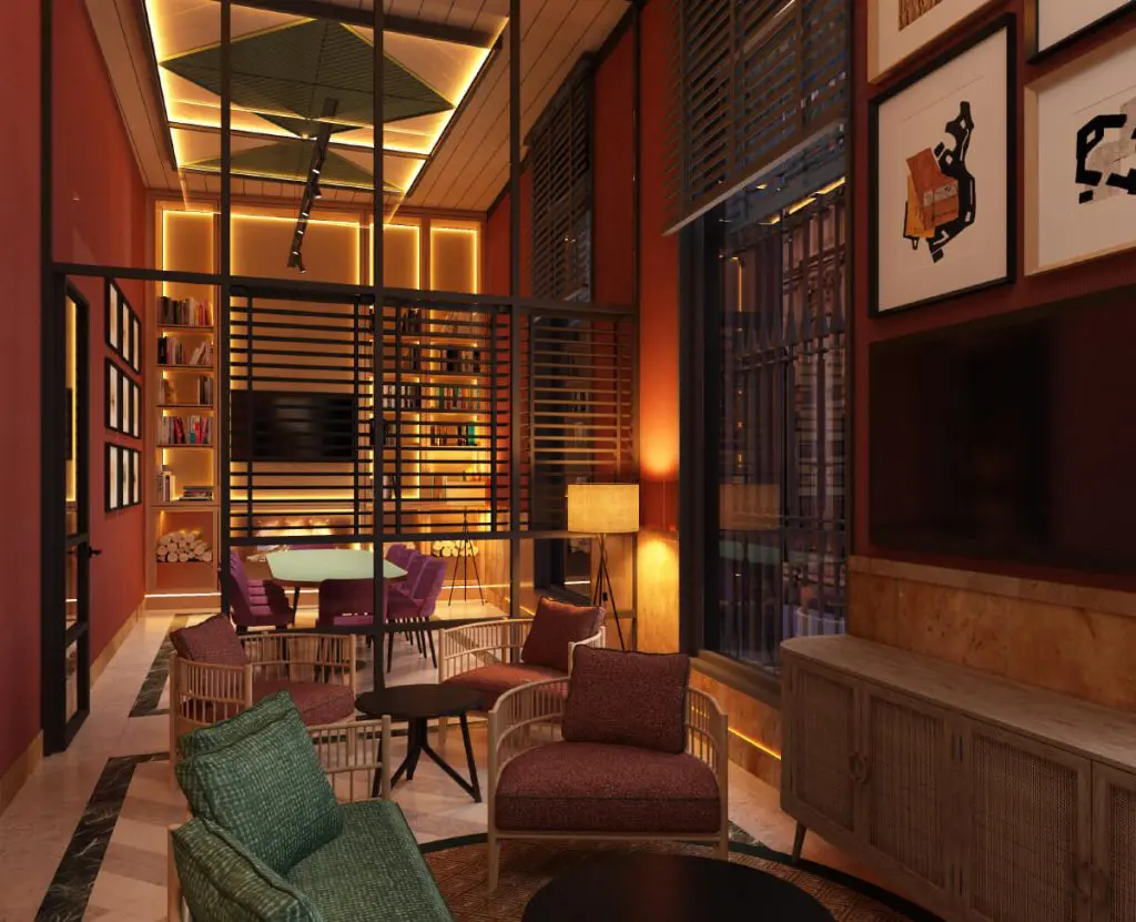 Salón TV y Salón Biblioteca. infografías. Hotel Fénix Sevilla. Proyecto Estudio b76.