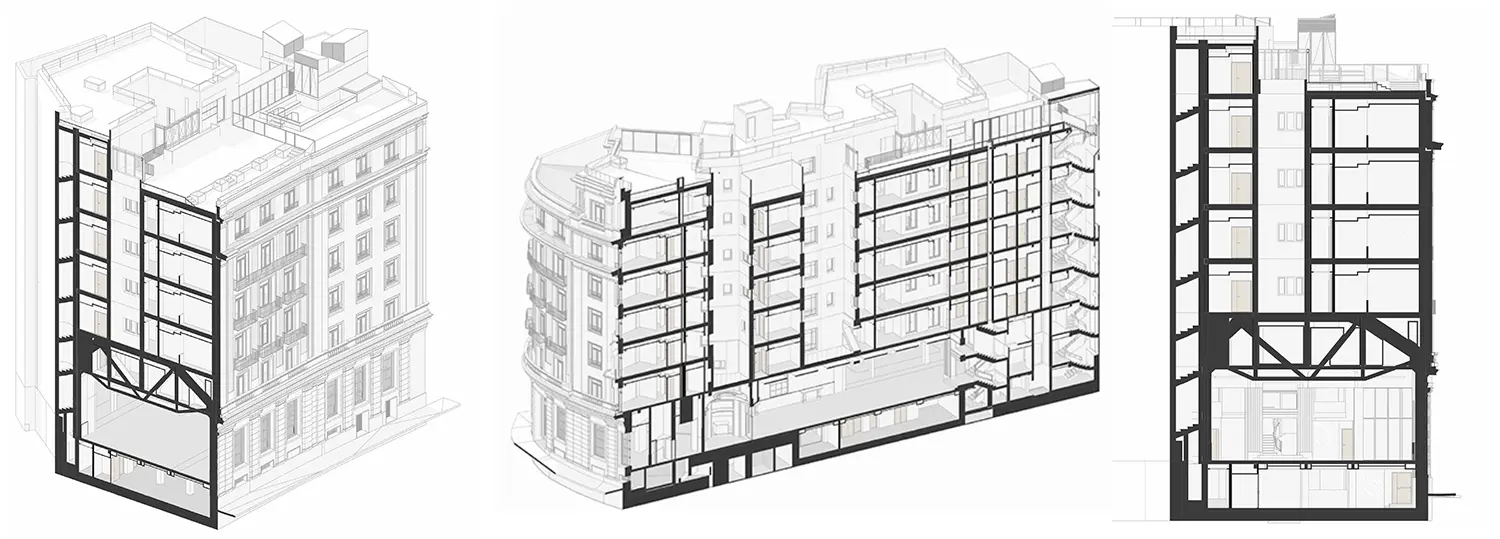 Axonométricas seccionadas y sección por la gran cercha de Eduardo Torroja y el Gran Salón central. Hotel Fénix Sevilla. BIM Estudio b76.