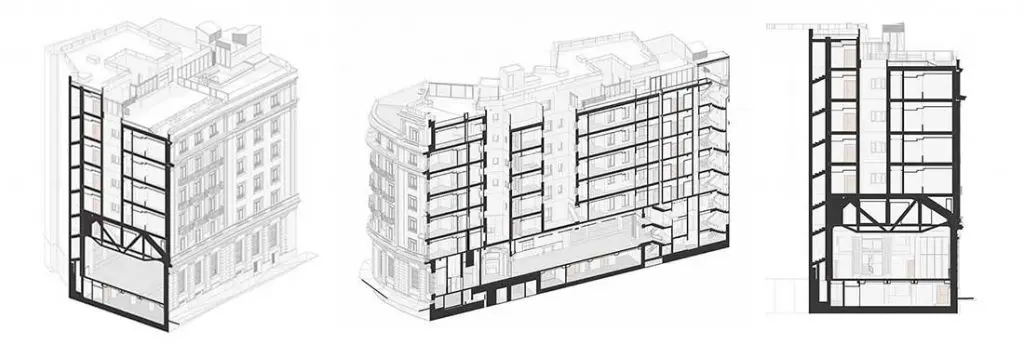 Axonométricas seccionadas y sección por la gran cercha de Eduardo Torroja y el Gran Salón central. Hotel Fénix Sevilla. BIM Estudio b76.
