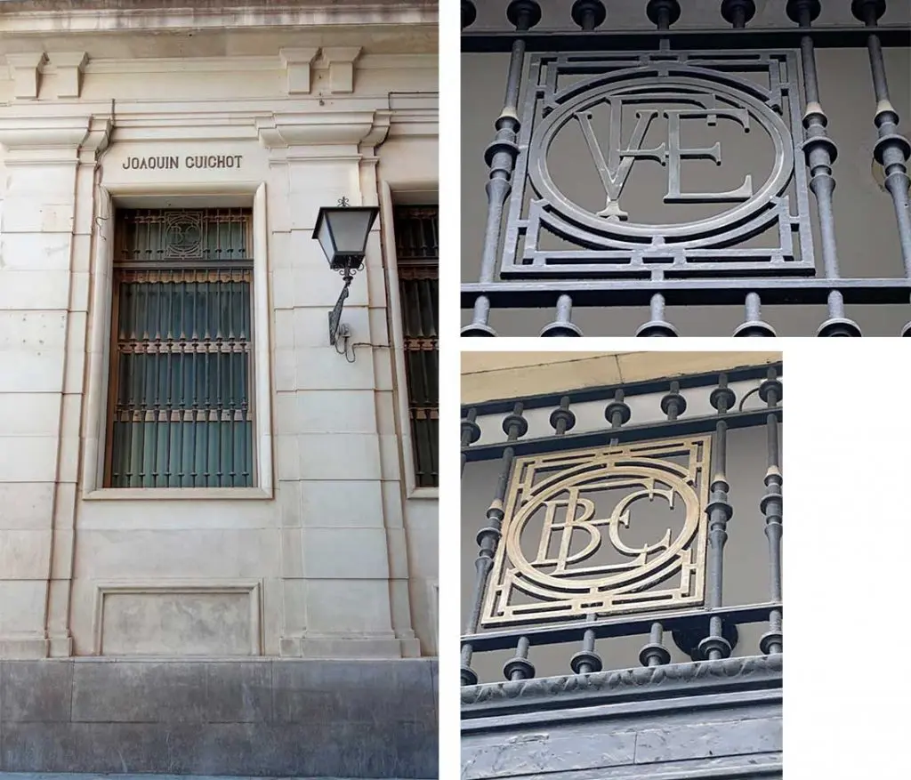 Cuerpo inferior de fachada, pilastras dóricas, friso y alero en piedra caliza. Huecos con anagramas, Unión y el Fénix Español y Banco Español de Crédito. Fotografía Estudio b76