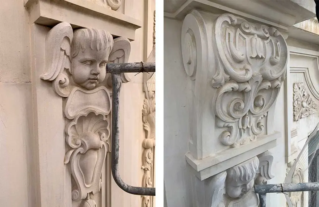 Restauración según proyecto de Estudio b76. Elementos decorativos regionalistas de la portada diseñada por Canovas del Castillo. Fotografías: Estudio b76.