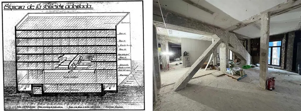 Esquema estructural del edificio la Unión y el Fénix Español. Publicado en a revista de Obras Públicas, nº 2700, abril 1940, pp. 29-32 y detalle cercha después de demoliciones de la tabiquería. Fotografía: Estudio b76
