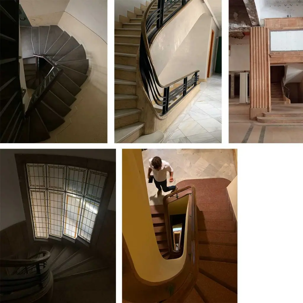 Escaleras C, A, F, D y B. Edificio la Unión y el Fénix Sevilla, proyectadas por Cánovas del Castillo. fotografías: Estudio b76.