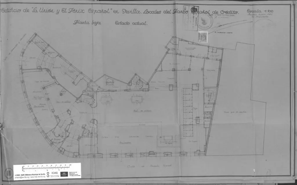 Planta baja original. Proyecto de Canovas del Castillo Edificio La Unión y el Fénix Sevilla.