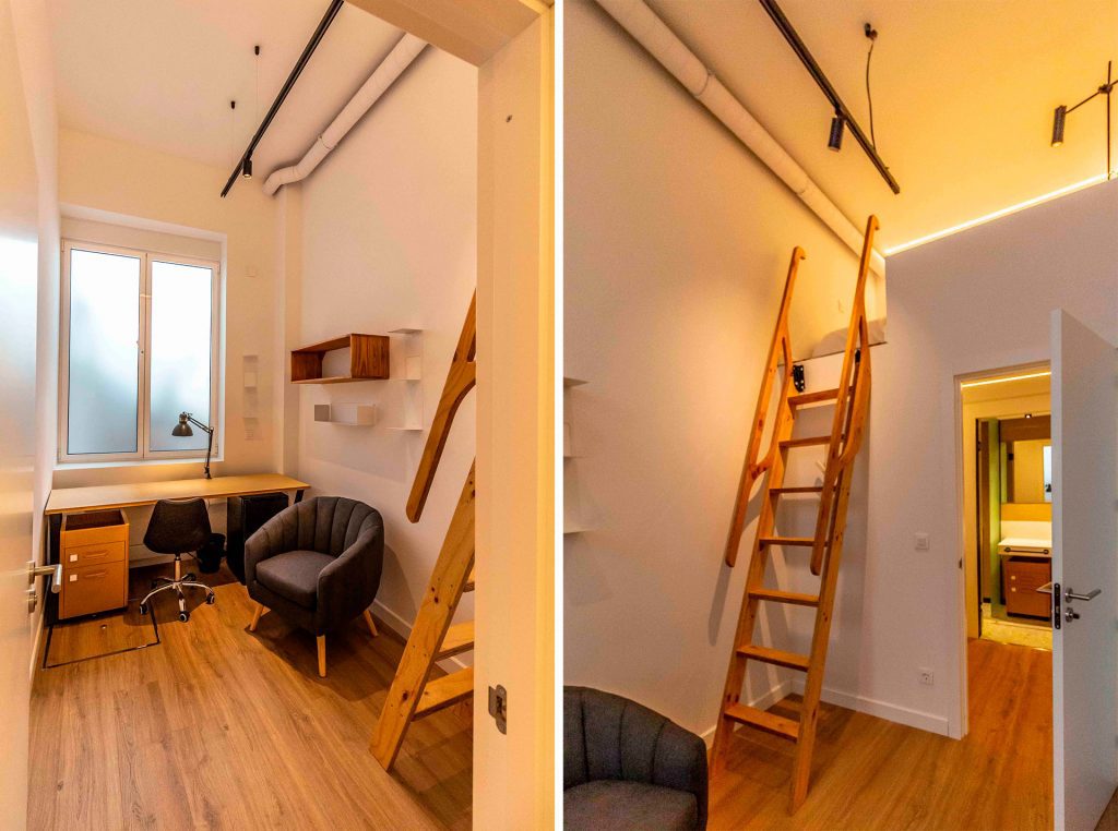 Cambio de uso industrial a vivienda Madrid por estudio b76 vista dormitorio y altillo. Fotografía: Estudio b76