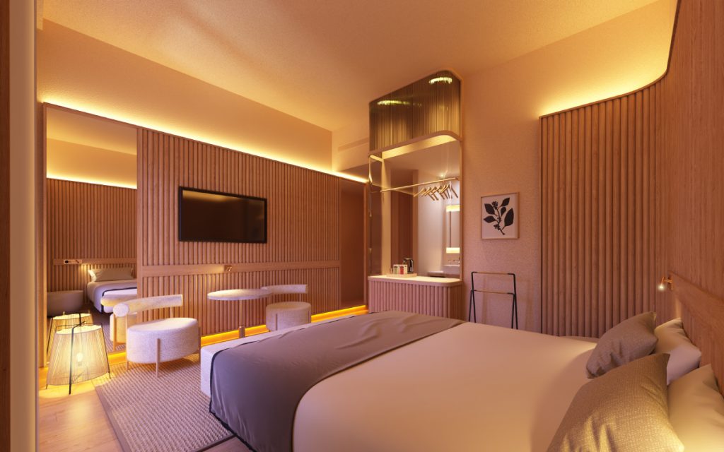 Estudio b76.Propuesta Hab. Doble estándar. Hotel Petit Palace Alfonso XII. Infografía nocturna.