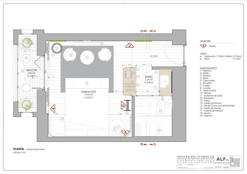Estudio b76. Plano Propuesta Hab. Doble estándar. Hotel Petit Palace Alfonso XII.